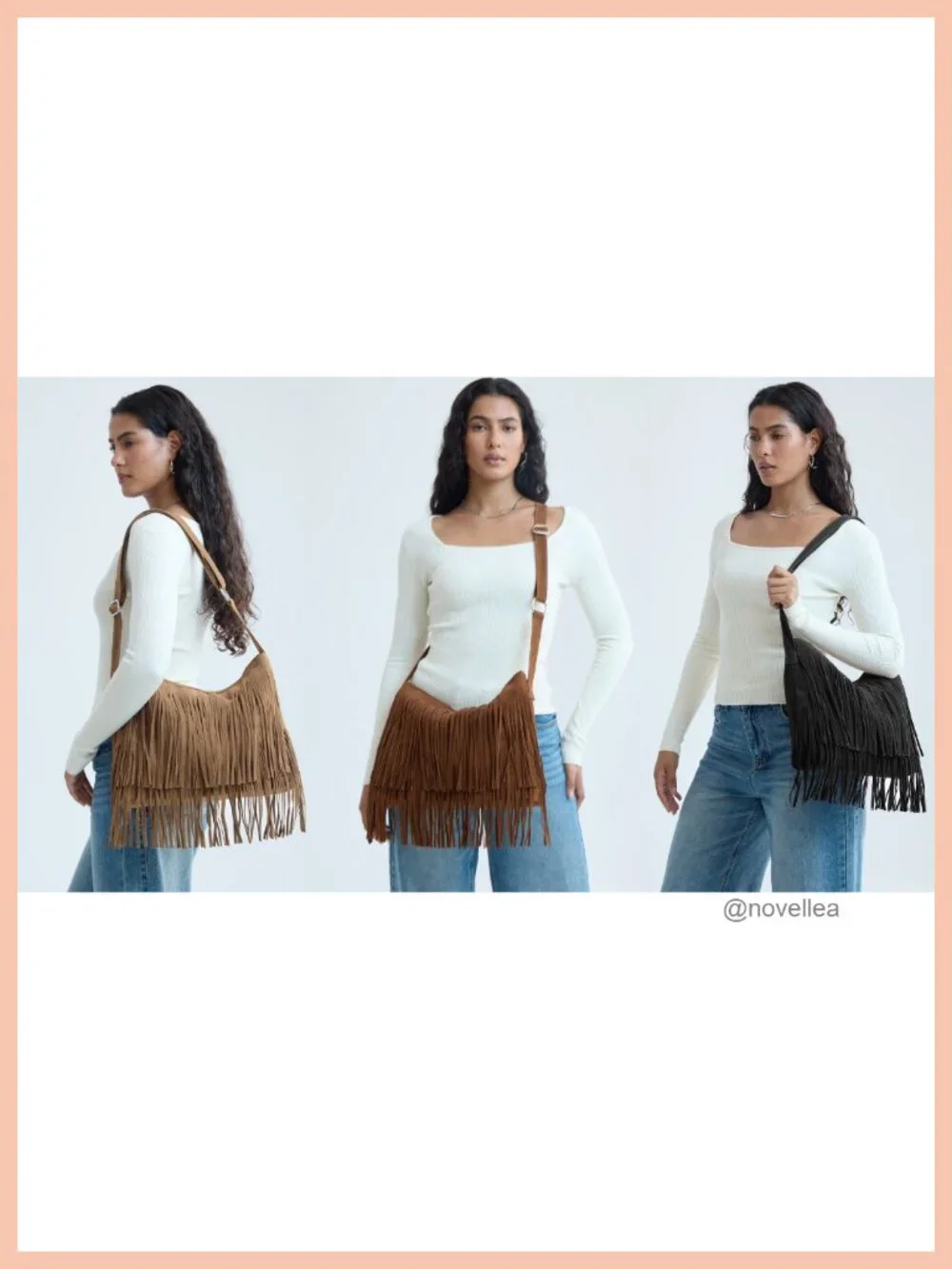 Faux Suede Leather Hobo Crossbody Bag with Tassel Fringe